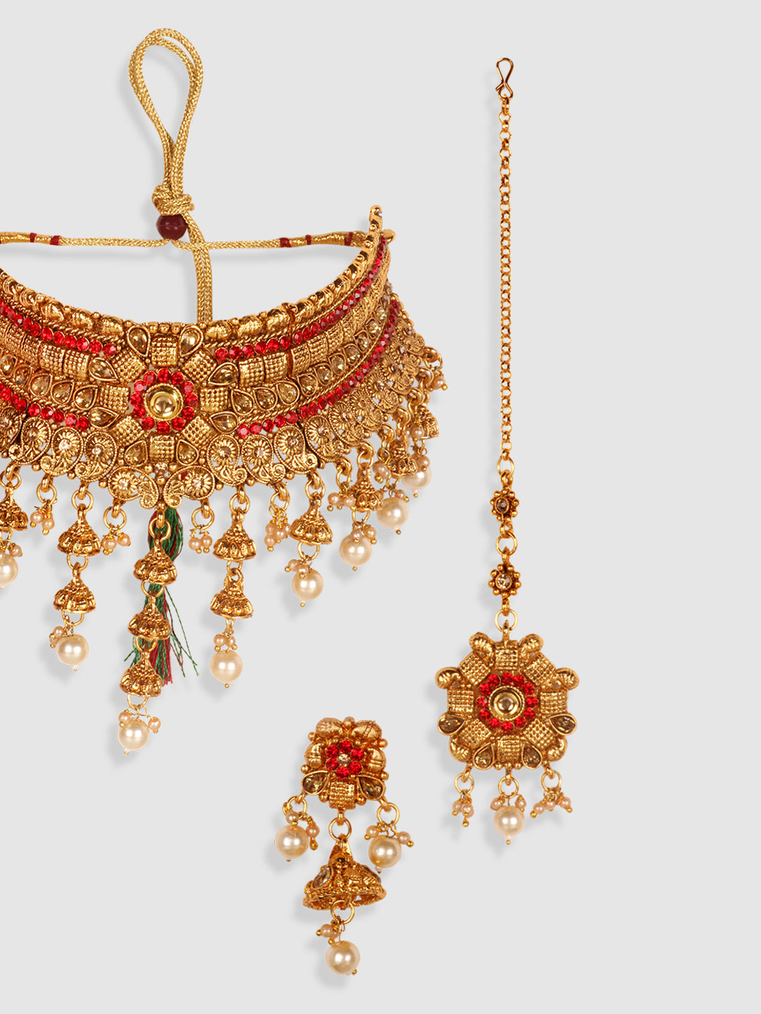 Gold Plated Floral Red Stone Studded Choker Set with Earrings & Maangtika