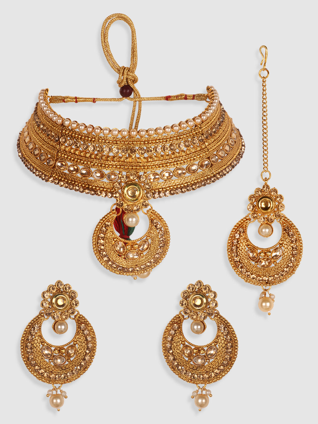 Gold-Plated Floral Stone-Studded Traditional Jewellery Set