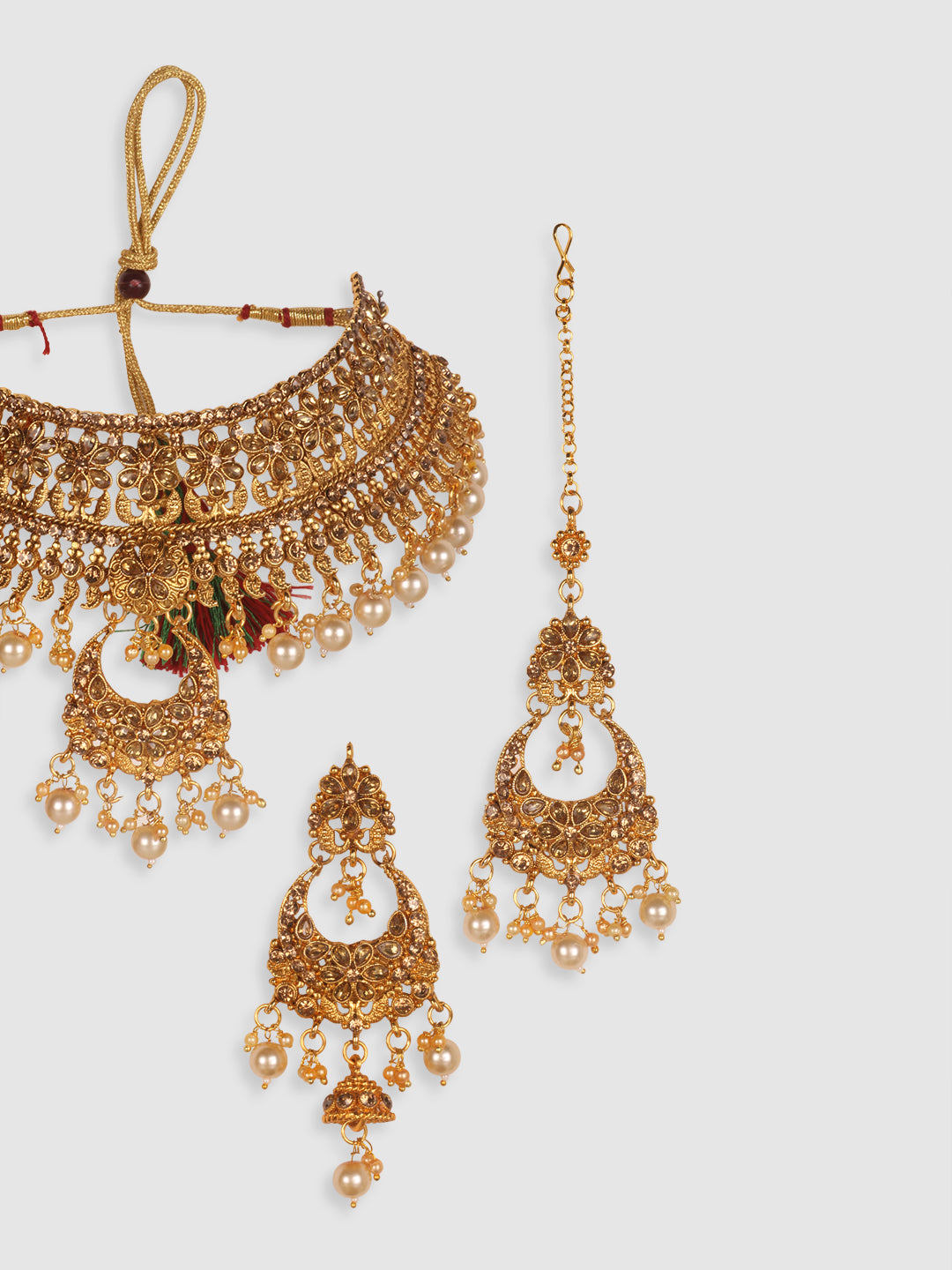 Gold-Plated & Beige Kundan-Studded & Beaded Traditional Jewellery Set