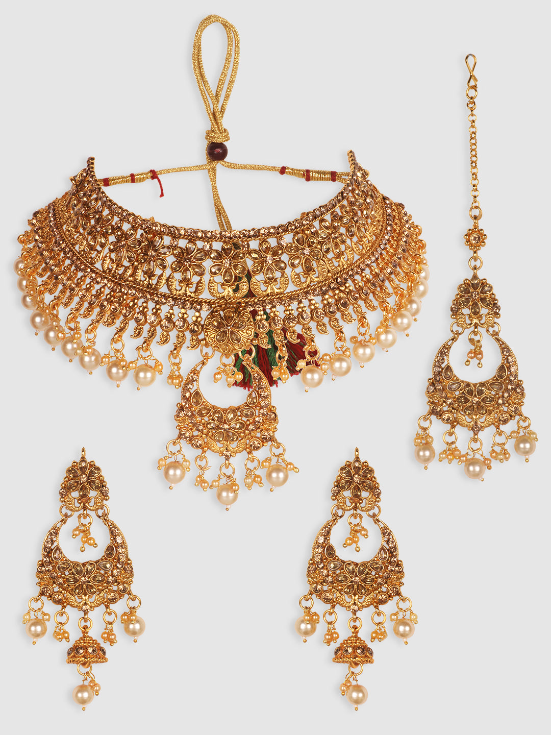 Gold-Plated & Beige Kundan-Studded & Beaded Traditional Jewellery Set
