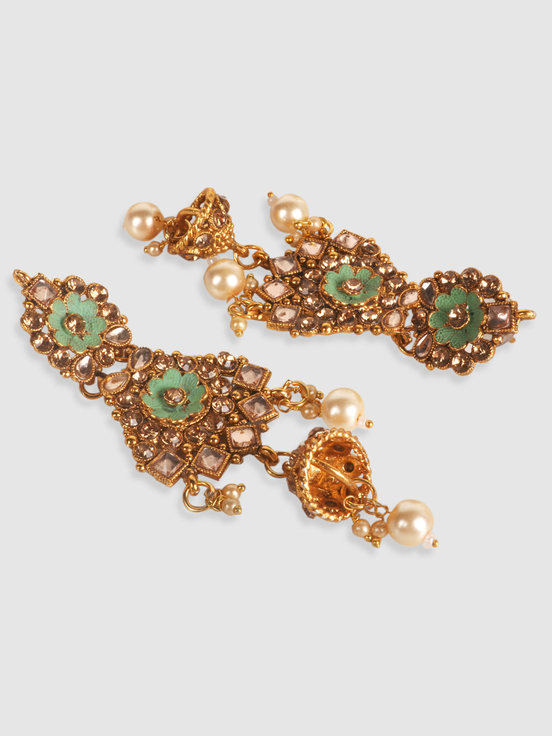 Gold-Plated Sea Green & White Kundan-Studded & Pearl Beaded Vilandi Jewellery Set