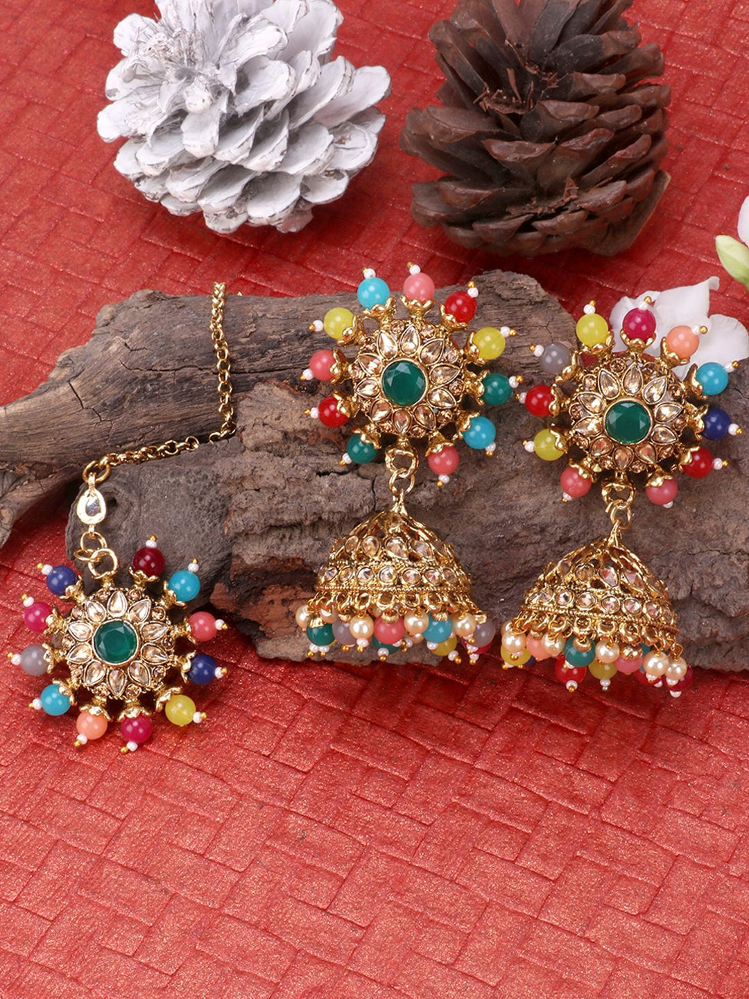 Gold-Plated Beige AD-Studded& Multi-Coloured Beaded Jewellery Set