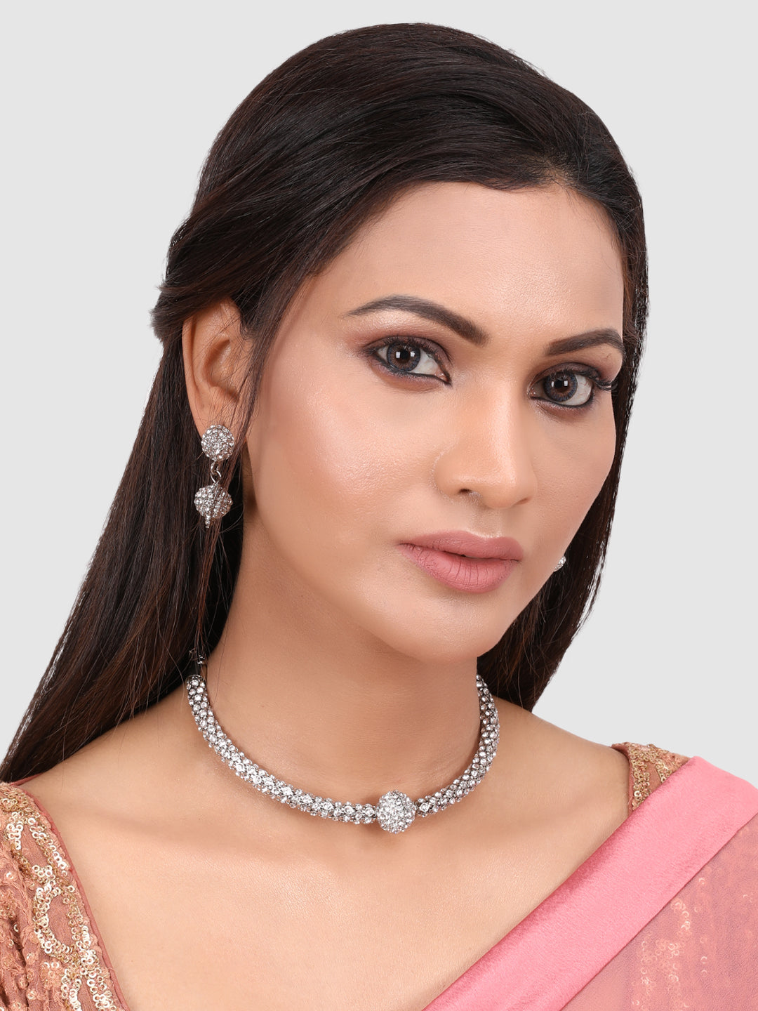 Silver-Plated & White Stones-Studded Tribal Jewellery Set