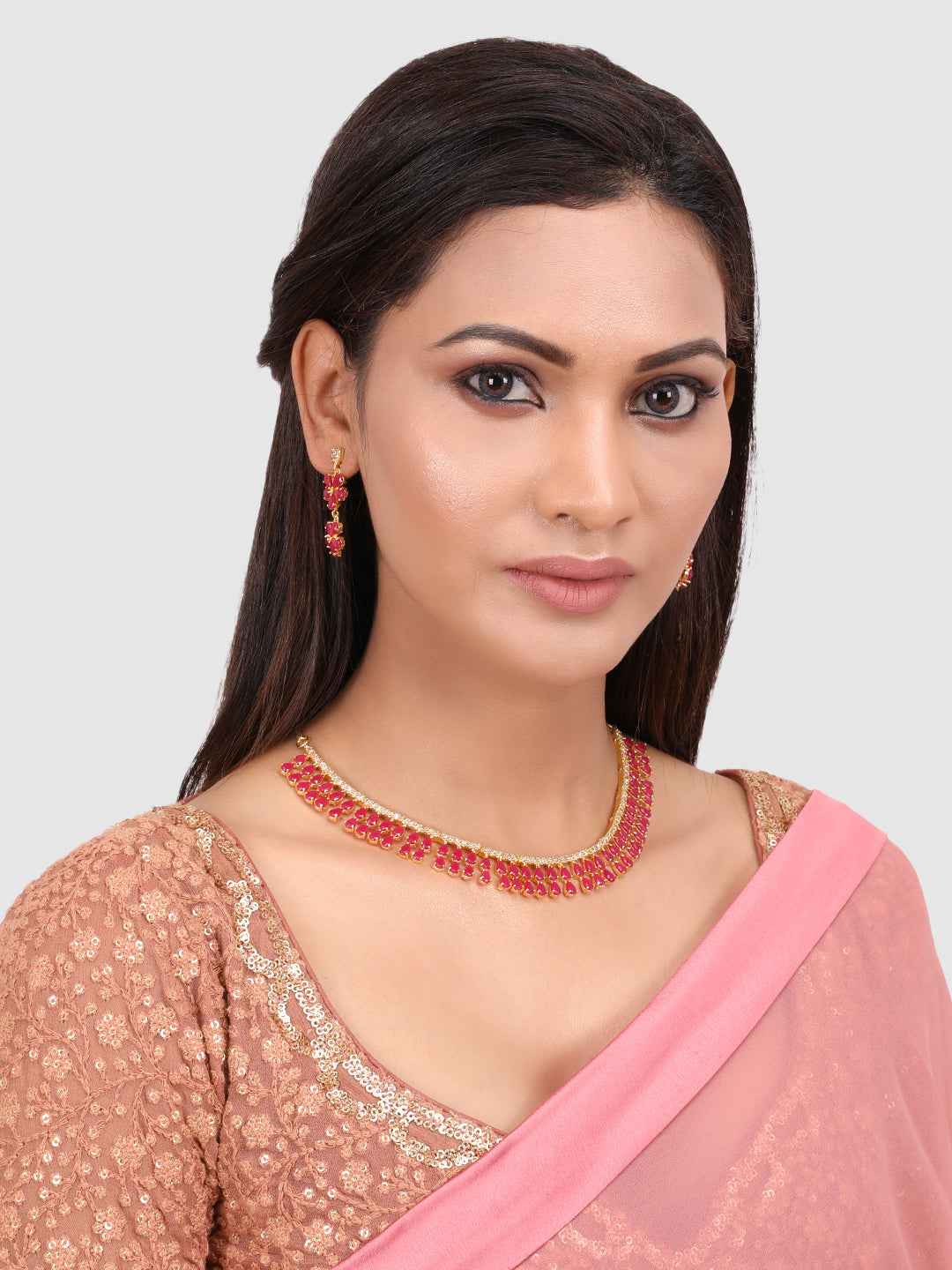 Pink & Gold-Plated Stone-Studded Leaf Shaped Jewellery Set