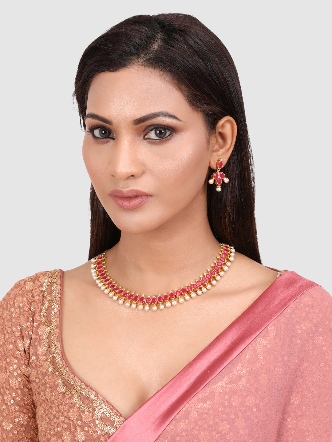 Gold-Plated Red & White Stone-Studded & Beaded Traditional Jewellery Set