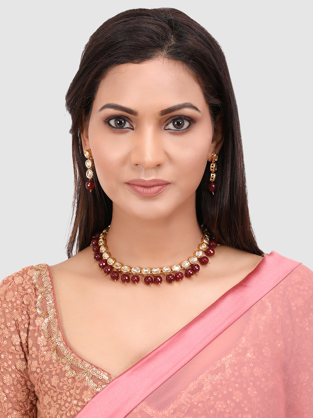 Women Maroon & Gold-Toned Kundan Beaded Necklace Set