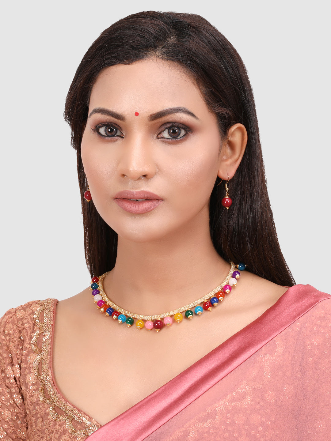 Multcoloured Gold-Plated Handcrafted Pearl Necklace with Earrings