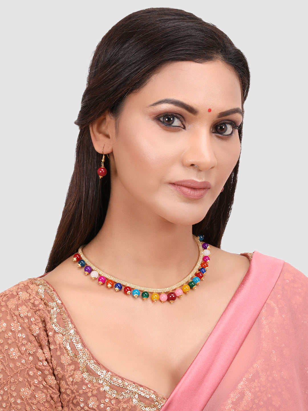 Multcoloured Gold-Plated Handcrafted Pearl Necklace with Earrings