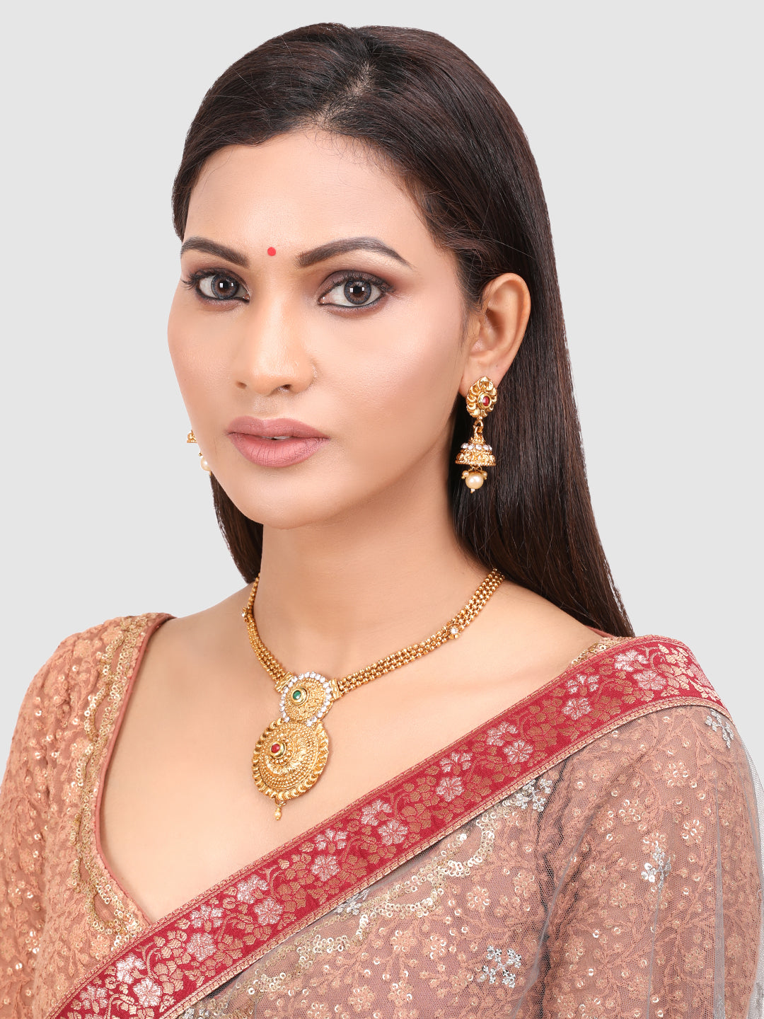 Gold-Plated & White Stone-Studded & Beaded Jewellery Set