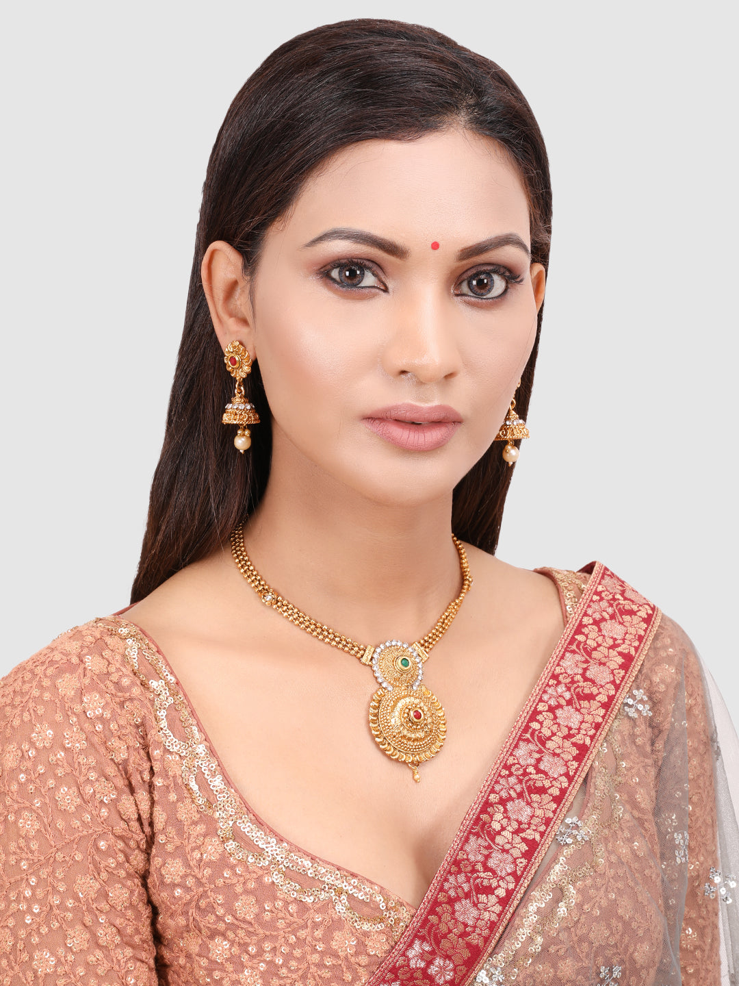 Gold-Plated & White Stone-Studded & Beaded Jewellery Set