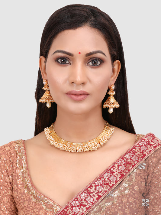 White Gold-Plated Pearl Necklace with Earrings