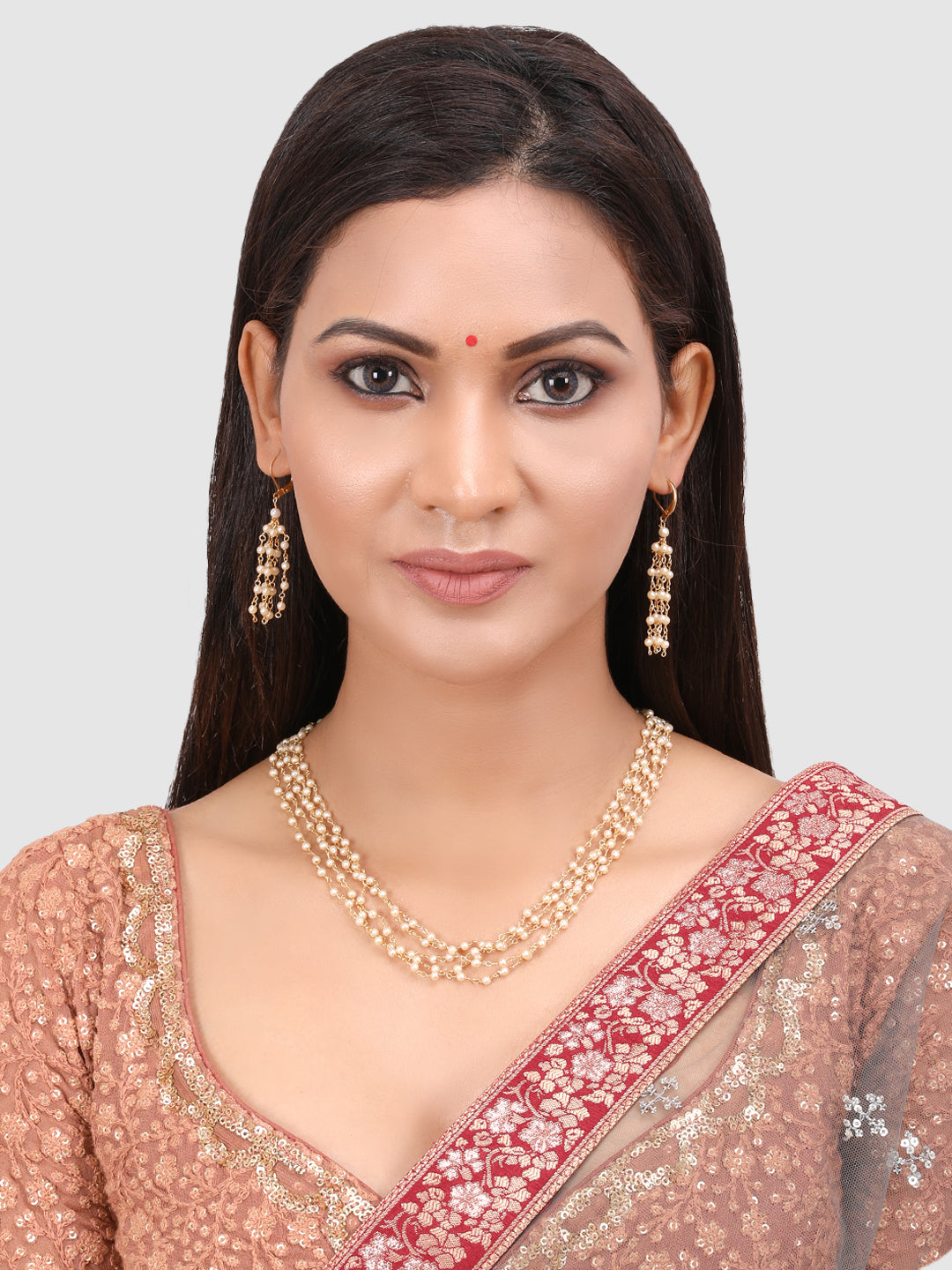 Off White & Gold-Toned & Plated Layered Classy Pearl Jewellery Set