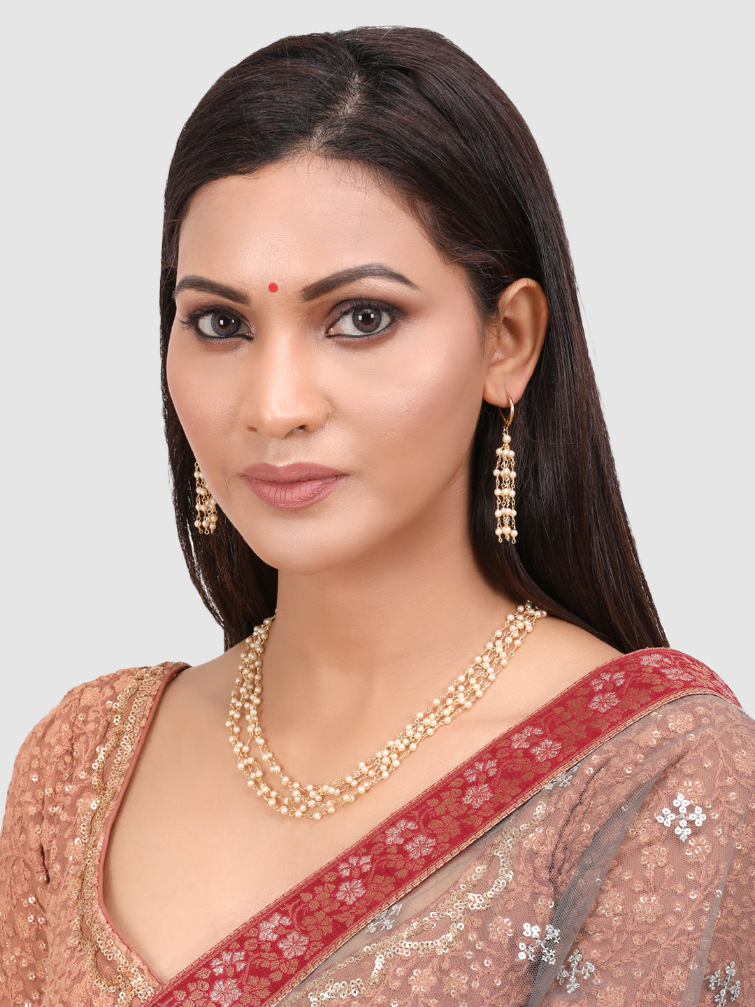 Off White & Gold-Toned & Plated Layered Classy Pearl Jewellery Set