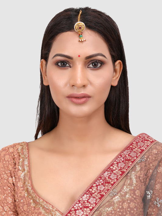 Gold-Plated & White Kundan-Studded & Pearl Beaded Borla Maang Tikka