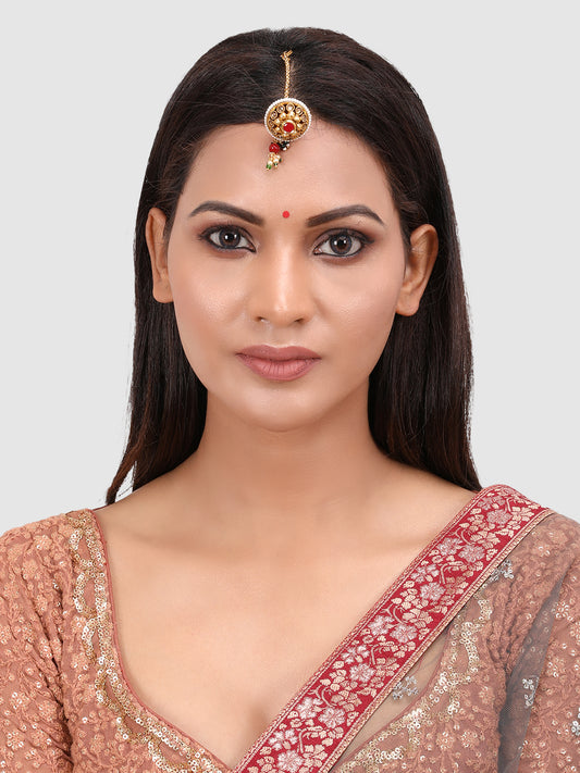 Gold-Plated Beige & White Kundan-Studded & Pearls Beaded Borla Maang tikka