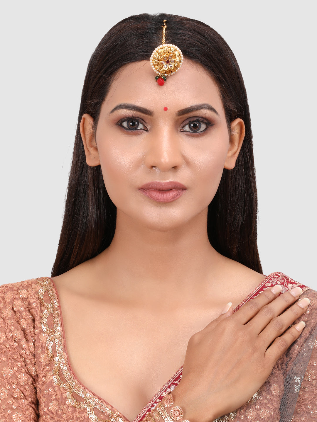 Gold-Plated & Red Kundan-Studded & Pearl Beaded Borla Maang Tikka