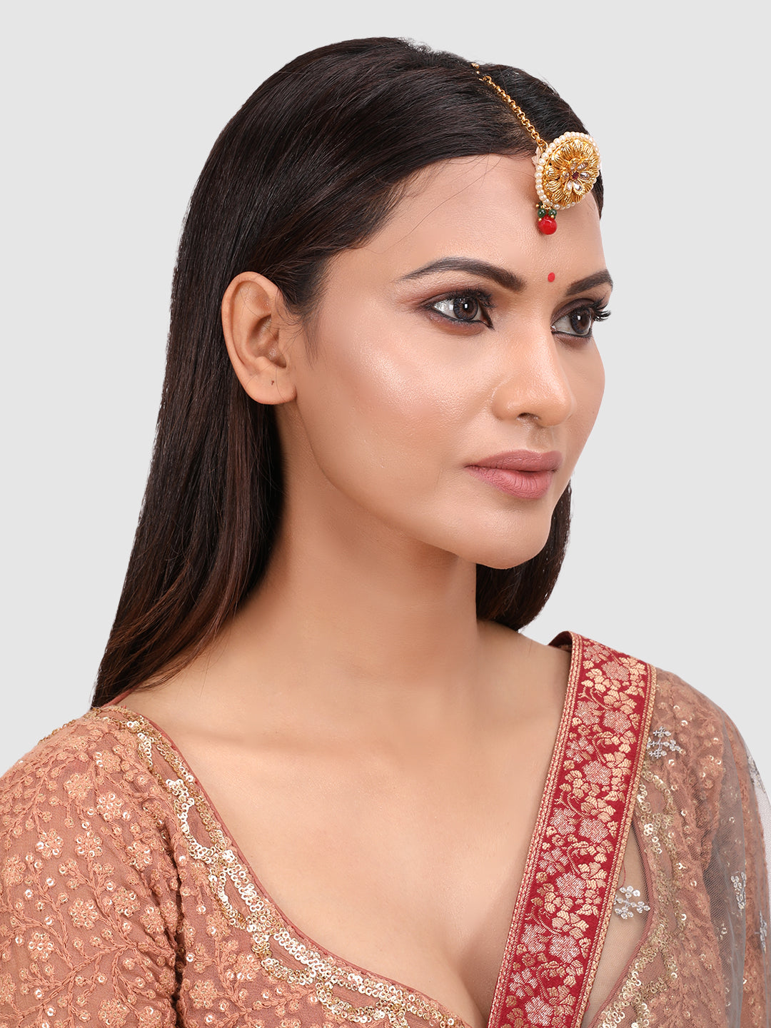 Indian woman wearing red orange saree jewellery choker set necklace jhumka  earring maang tikka waist chain stand pose look see smile mood expression  head cover hijab Stock Photo | Adobe Stock