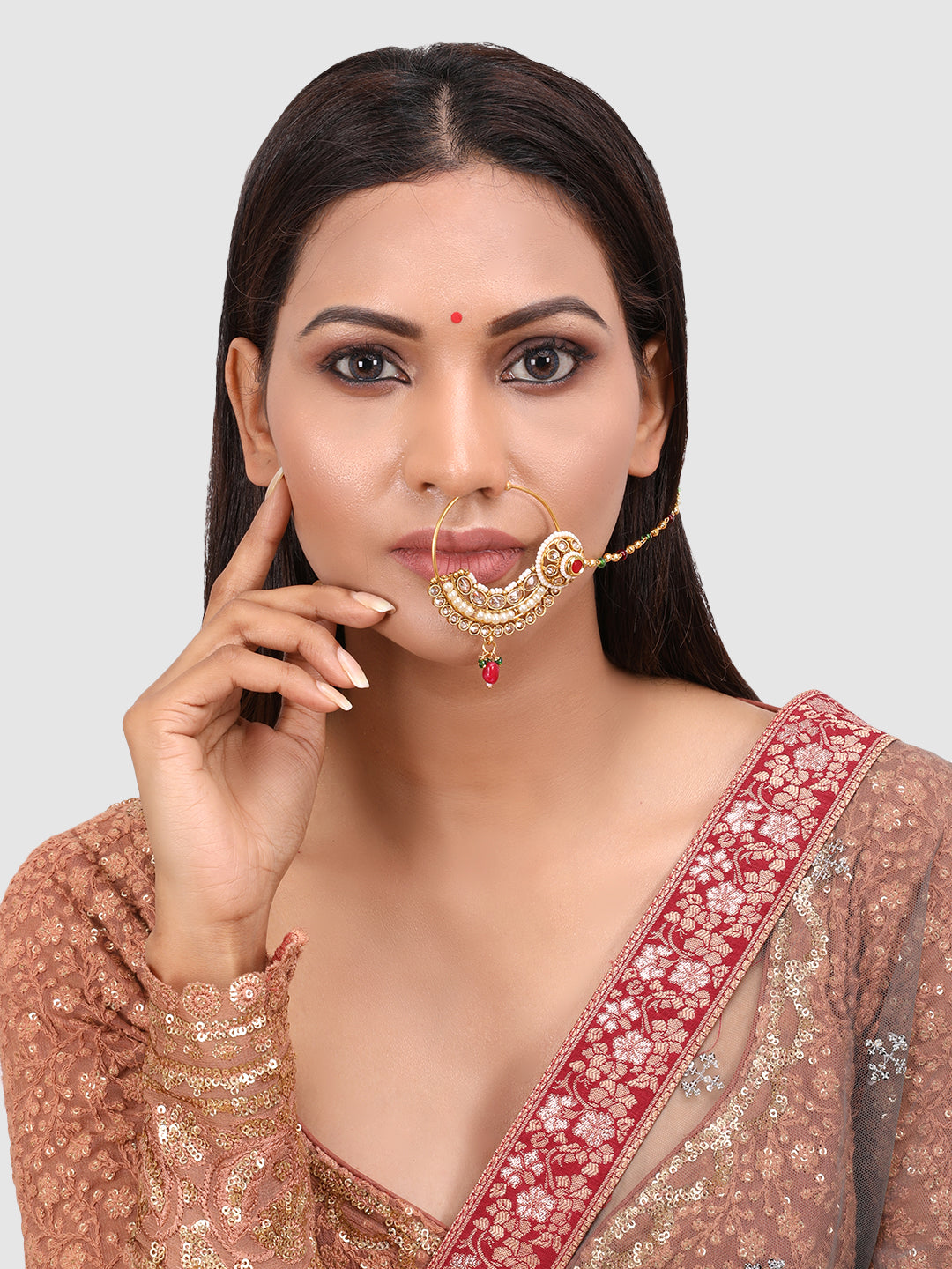 Gold-Plated White & Red Kundan Stone-Studded & Beaded Chained Nose Ring