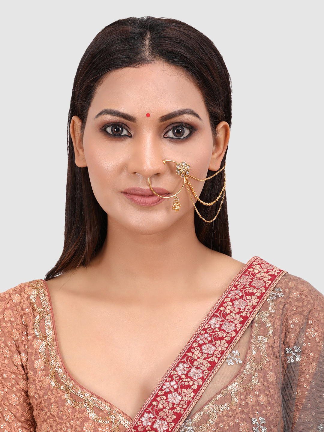 Gold-Plated Handcrafted Kundan Stone-Studded Chained Nose Ring