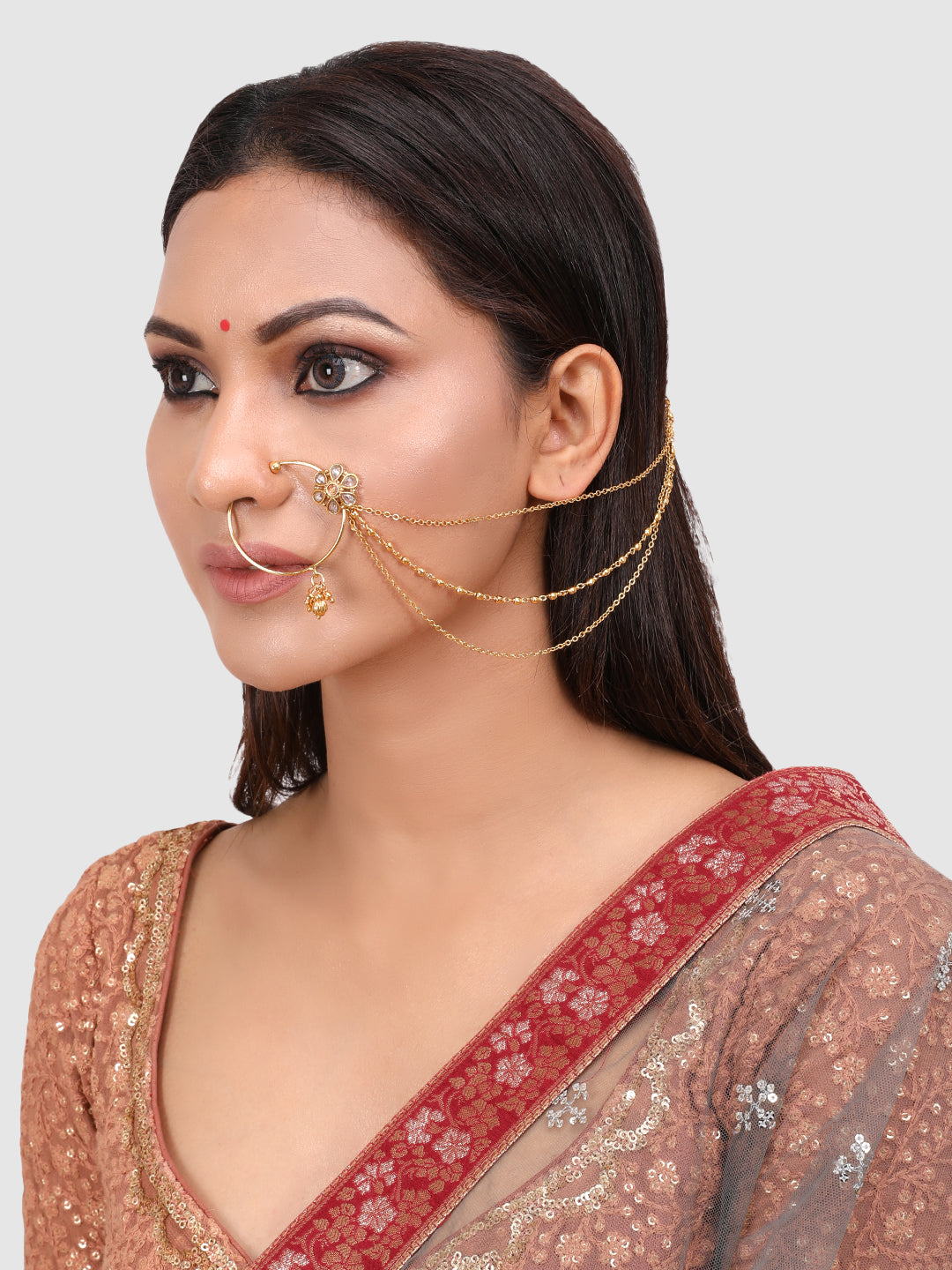 Gold-Plated Handcrafted Kundan Stone-Studded Chained Nose Ring