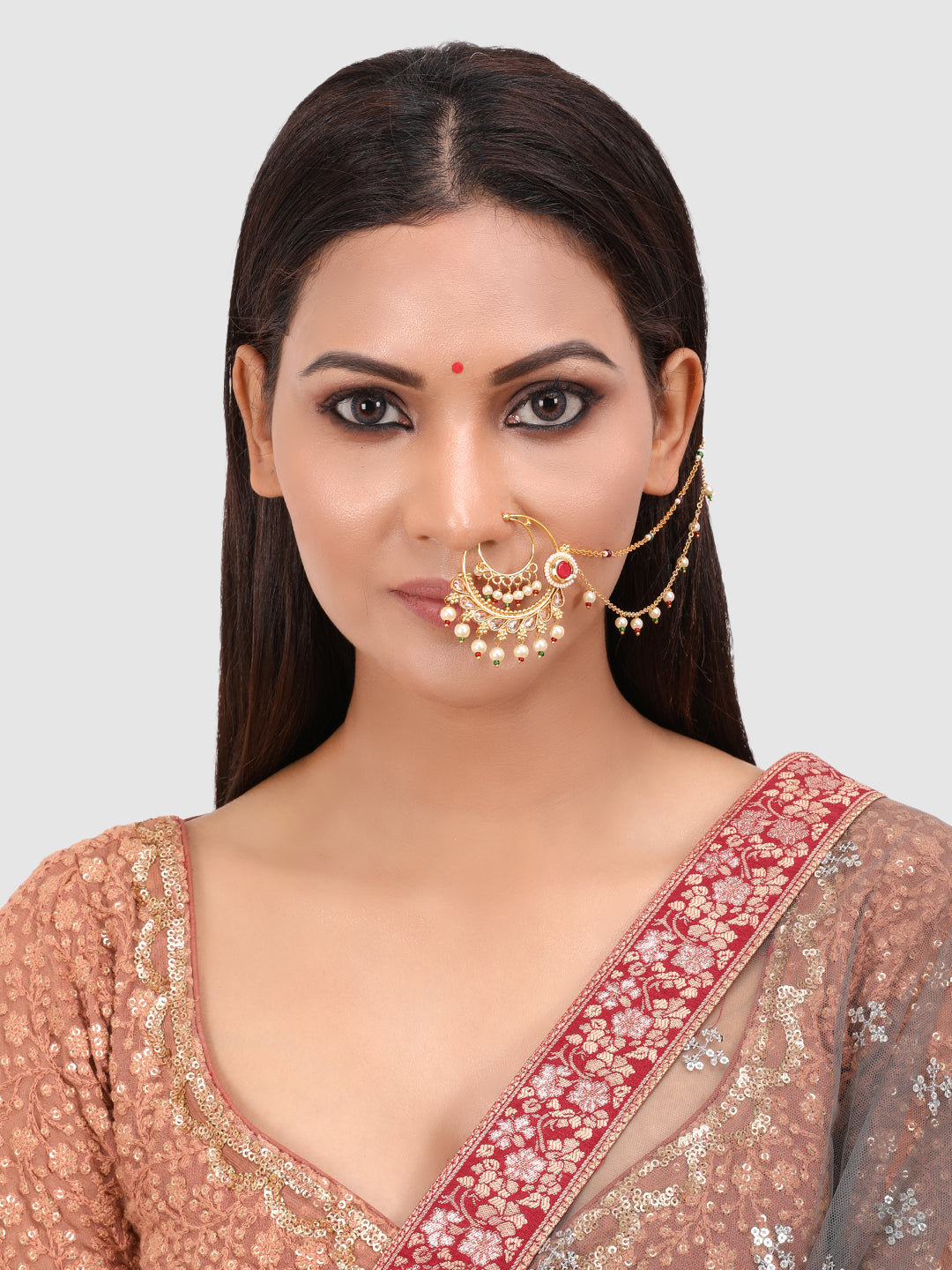 Gold-Plated Green & Red Kundan Stone-Studded & Beaded Handcrafted Vilandi Chained Nosering