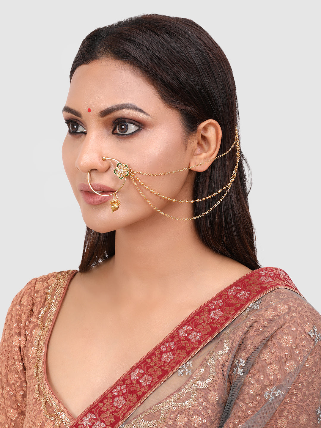 Gold-Plated Beige Kundan & Ruby-Studded Handcrafted Chained Nose Ring