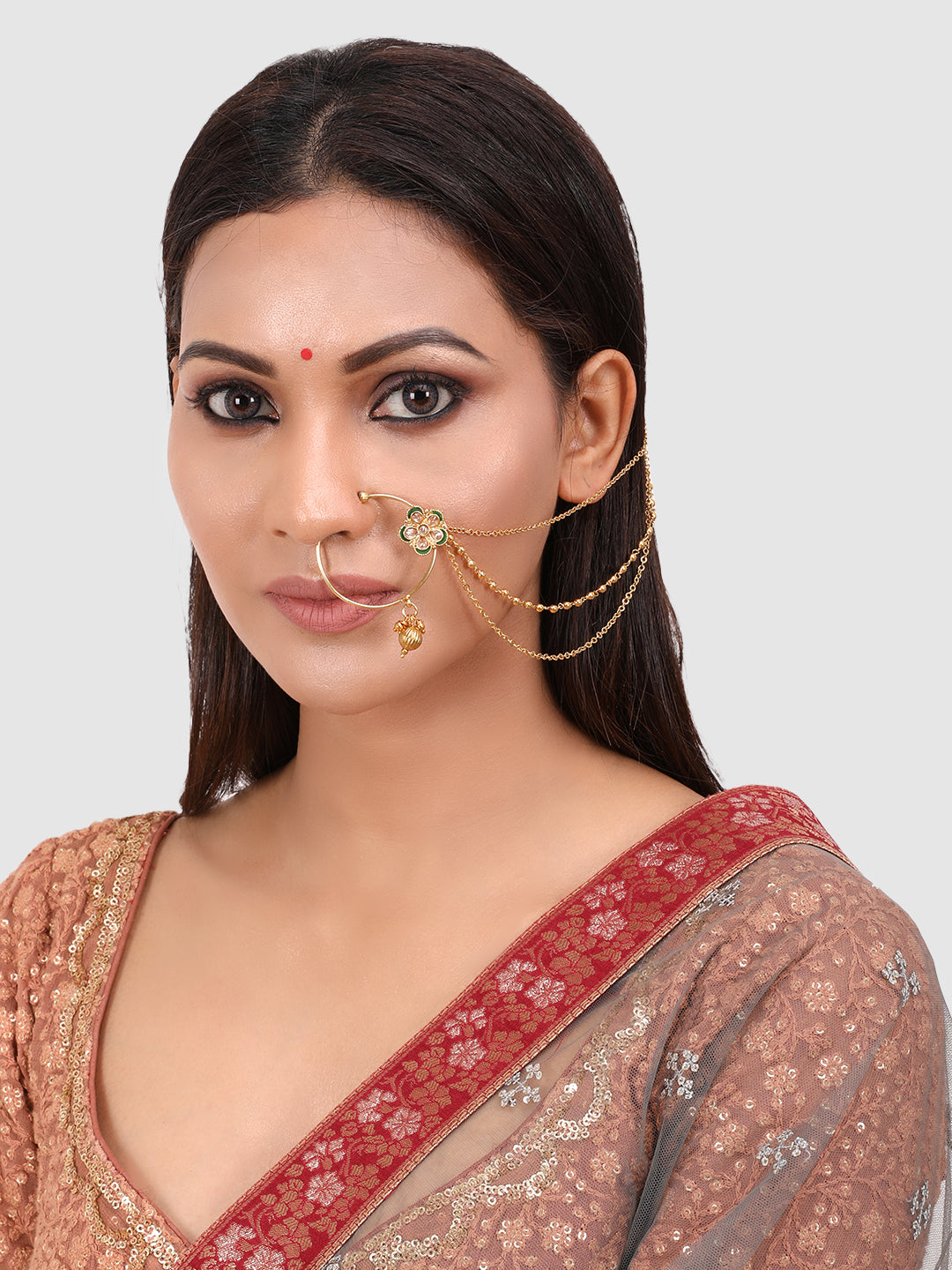 Gold-Plated Beige Kundan & Ruby-Studded Handcrafted Chained Nose Ring