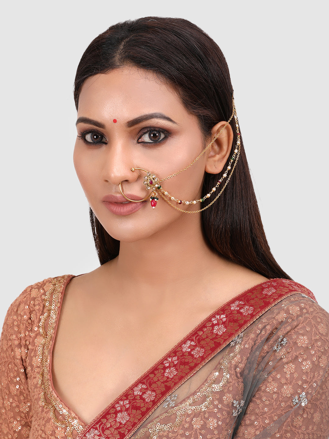 Gold-Plated Red & White Kundan Studded & Pearls Beaded Enamelled Nose Pin With Chain