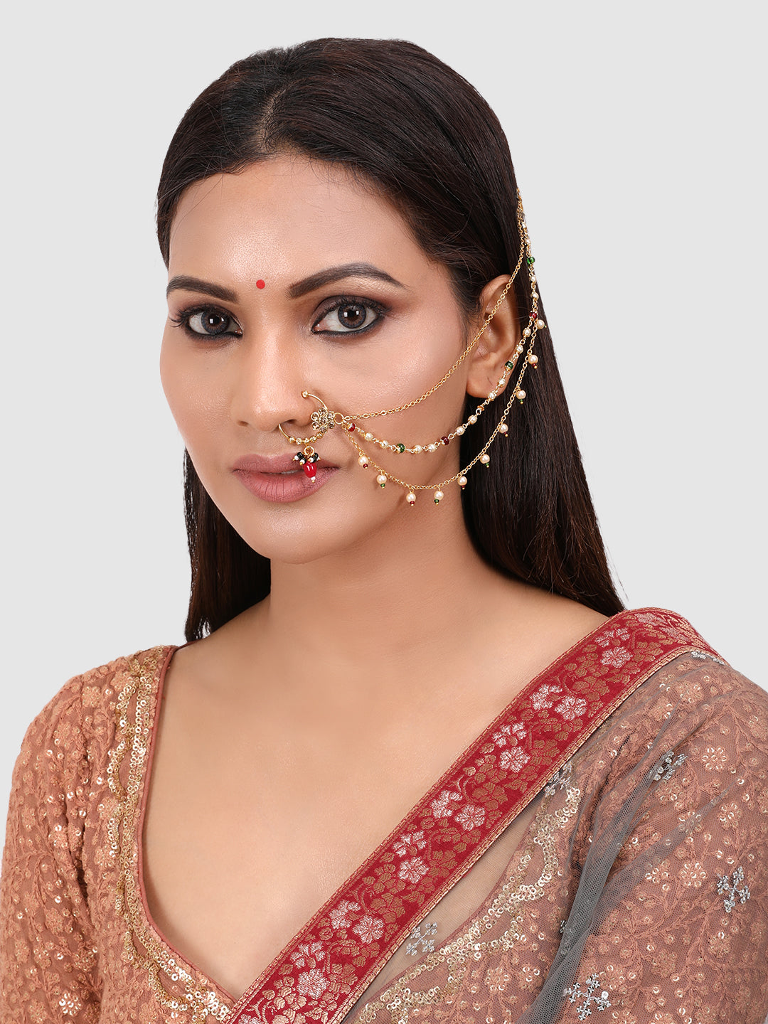 Gold-Plated Handcrafted Stone Pearl-Studded Chained Nose Ring