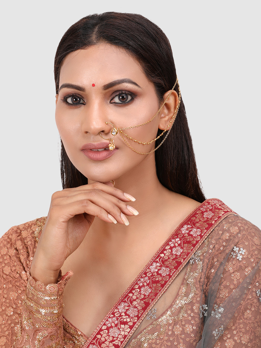 Women Gold Toned Kundan Stone Studded Clip-On Nosepin