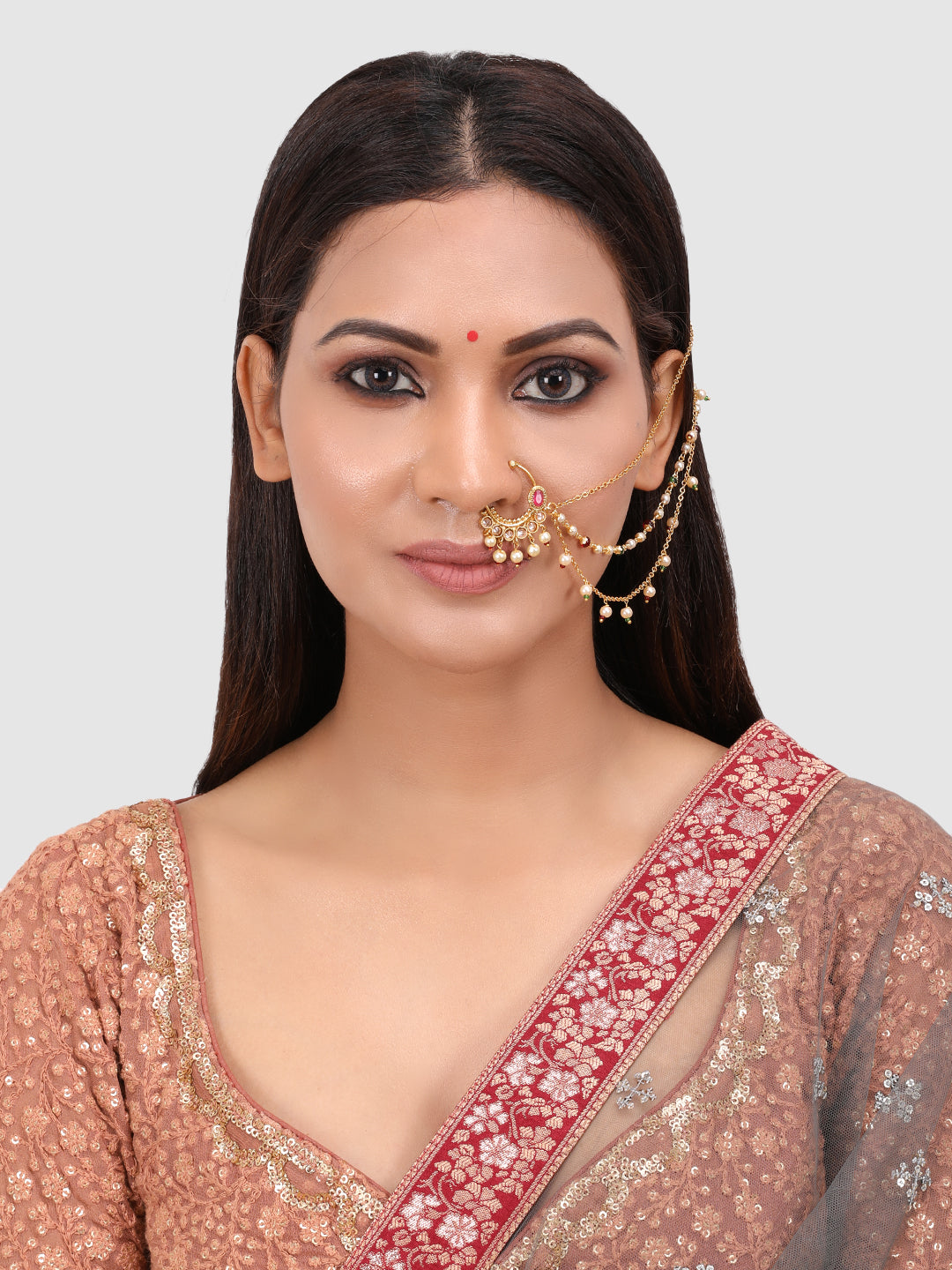 Gold-Plated White Kundan Stone-Studded & Beaded Vilandi Chain Nosering