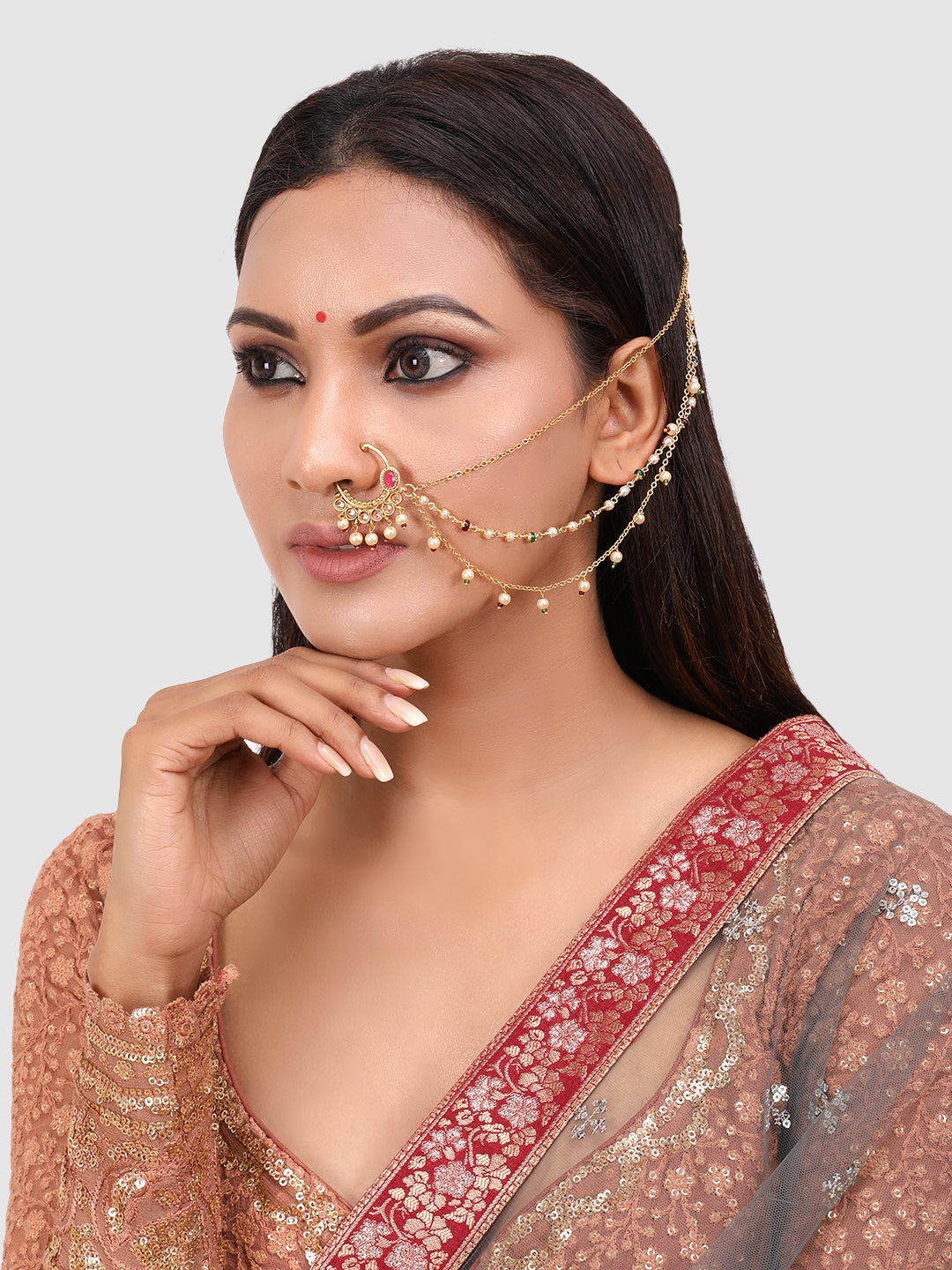 Gold-Plated White Kundan Stone-Studded & Beaded Vilandi Chain Nosering