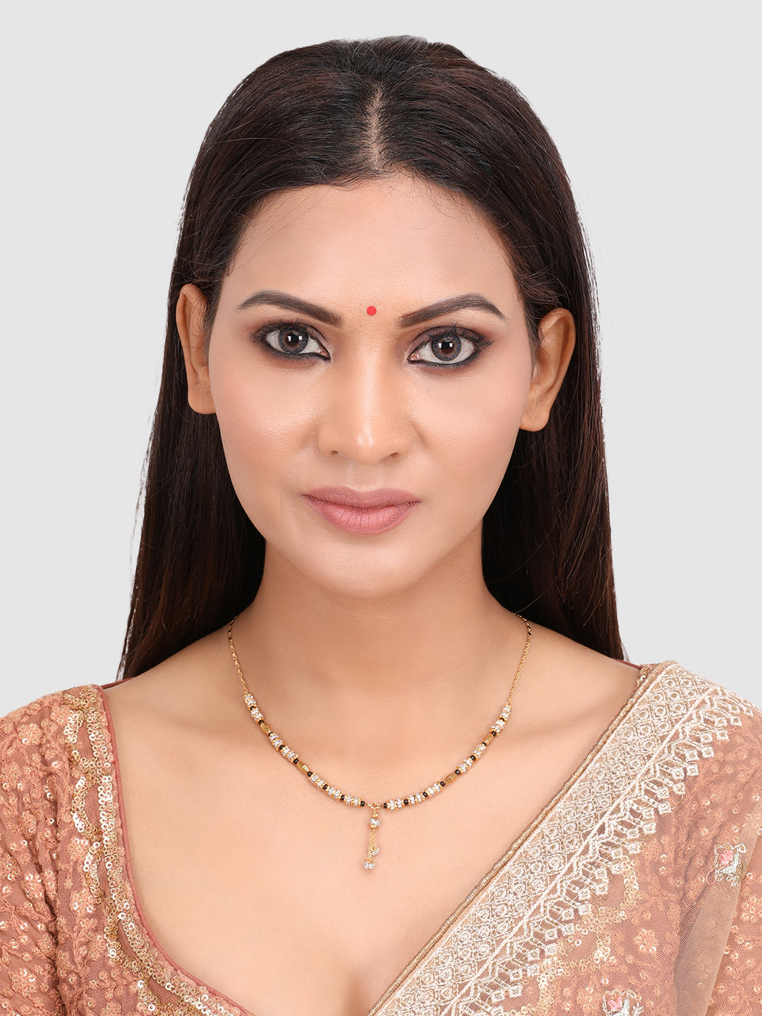 Gold Plated White AD Studded & Black Beaded Mangalsutra