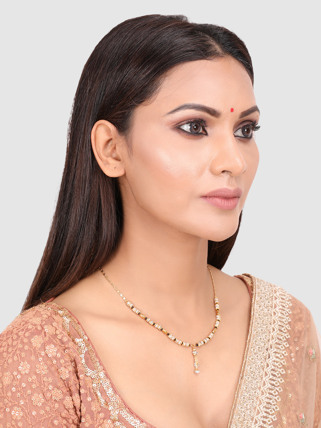 Gold Plated White AD Studded & Black Beaded Mangalsutra