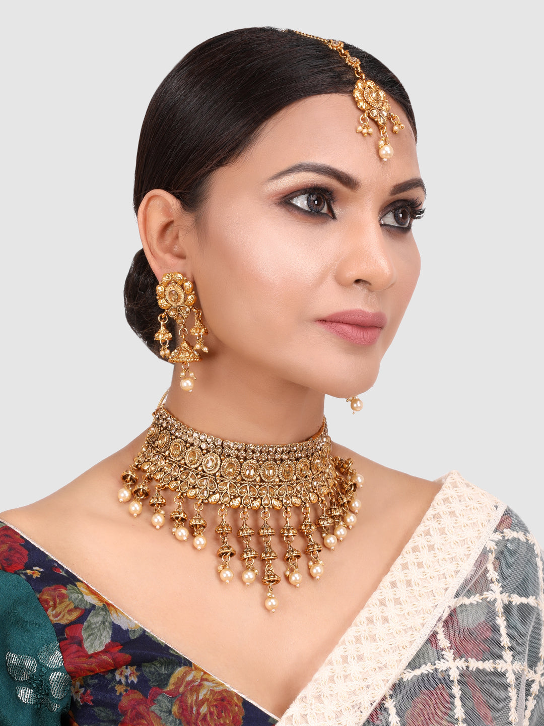 Gold-Plated Stone-Studded Traditional Floral Jewellery Set