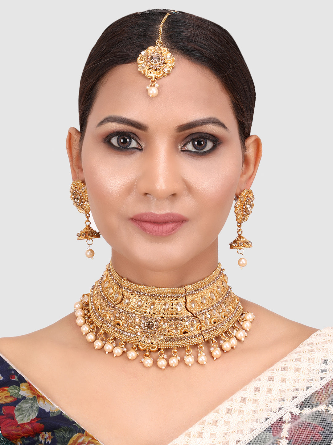 Gold Plated Stone Studded Choker Set with Chandbali Shape Earring & Maangtika