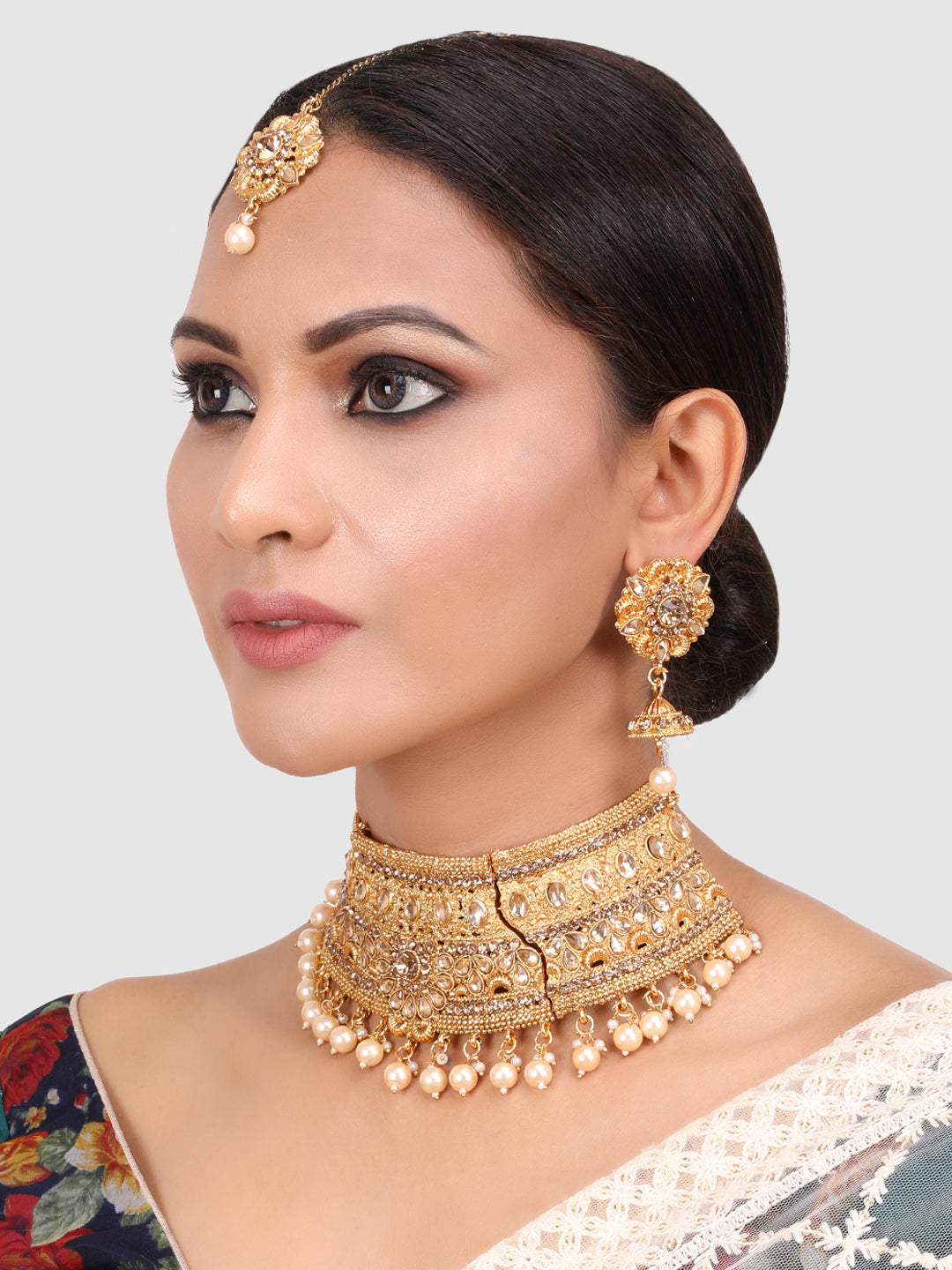 Gold Plated Stone Studded Choker Set with Chandbali Shape Earring & Maangtika