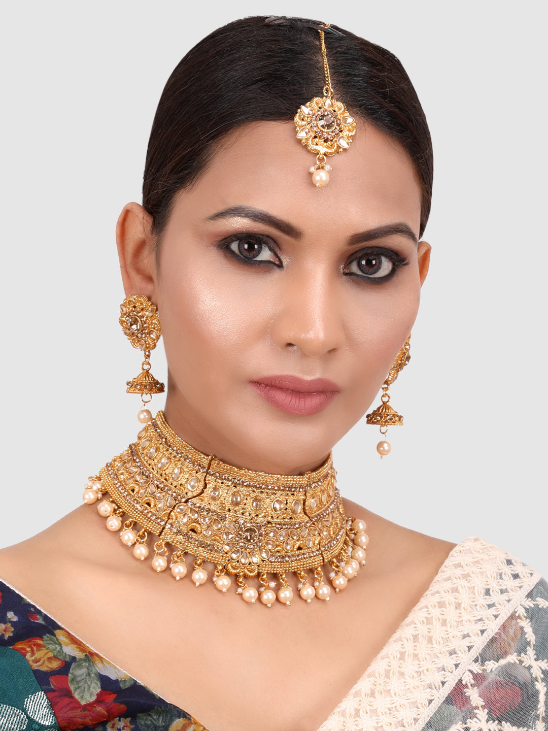 Gold Plated Stone Studded Choker Set with Chandbali Shape Earring & Maangtika