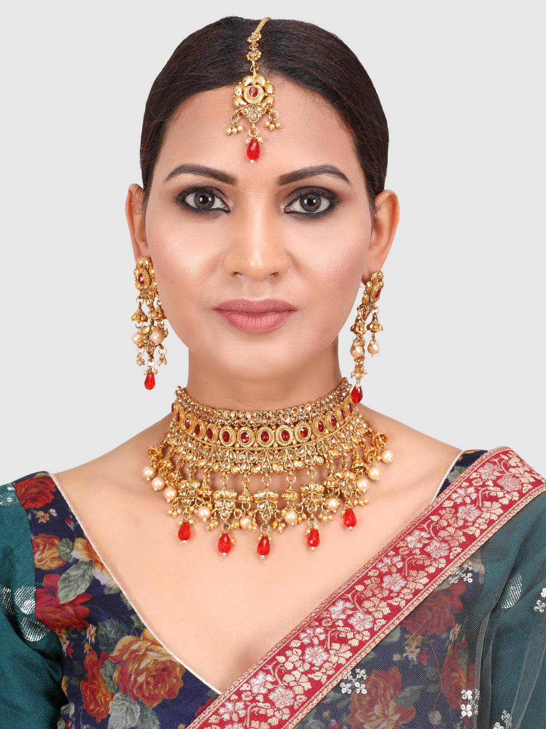 Red & Gold-Toned Stone Studded Choker Set with Maangtika