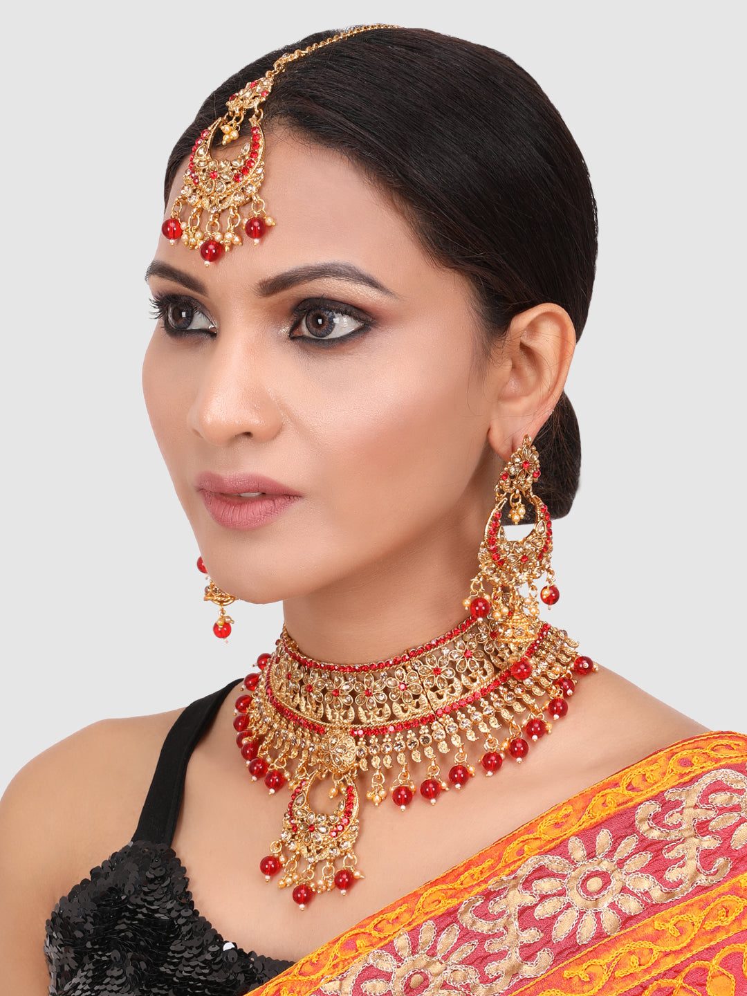 Gold Toned & Red Brass Gold Plated Choker Set With Earrings & Maangtika
