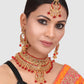 Gold Toned & Red Brass Gold Plated Choker Set With Earrings & Maangtika