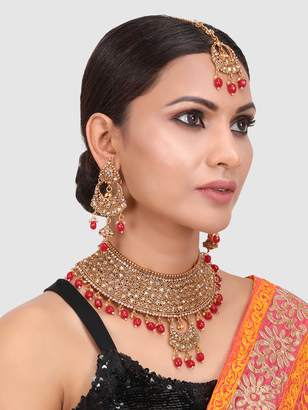 Women Red Gold-Plated Choker with Designer Jhumka Earring and Maangtika