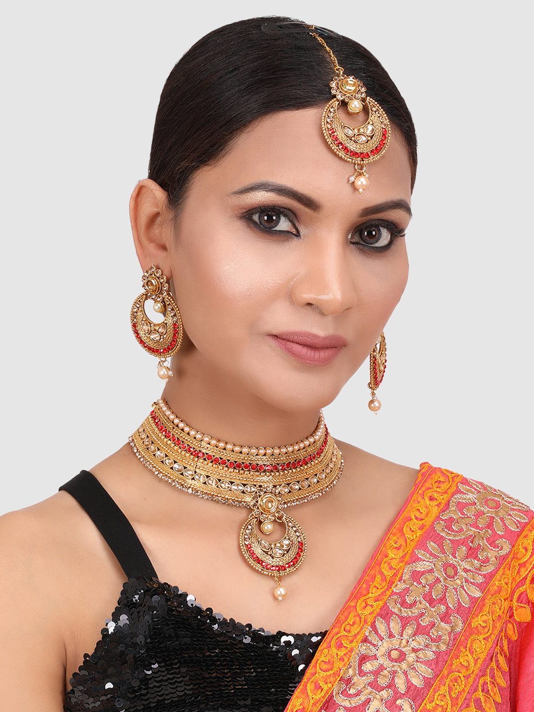 Gold-Plated & Red Stone Studded Choker Set