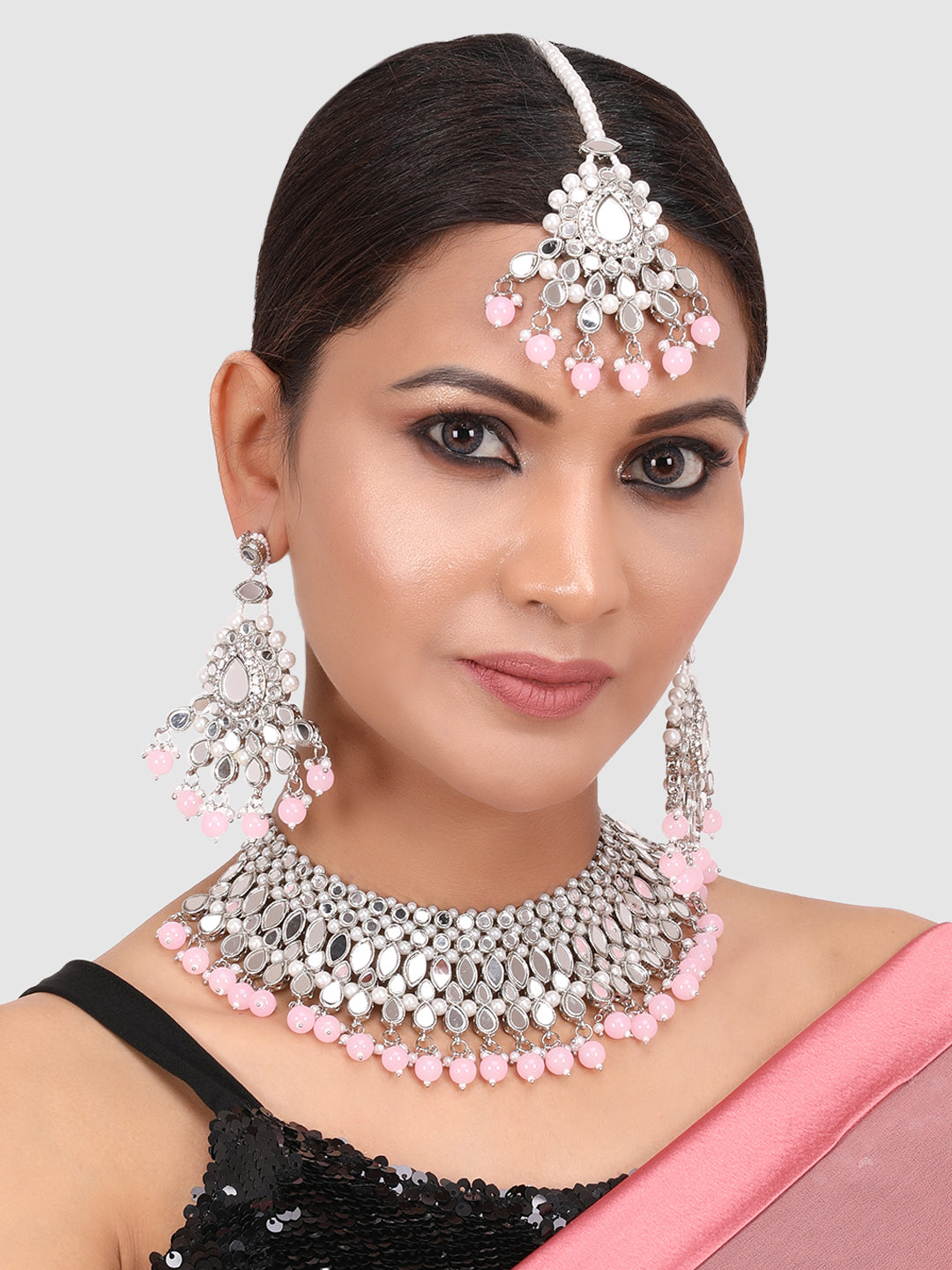 Silver Plated Pink beads Mirror Necklace Set