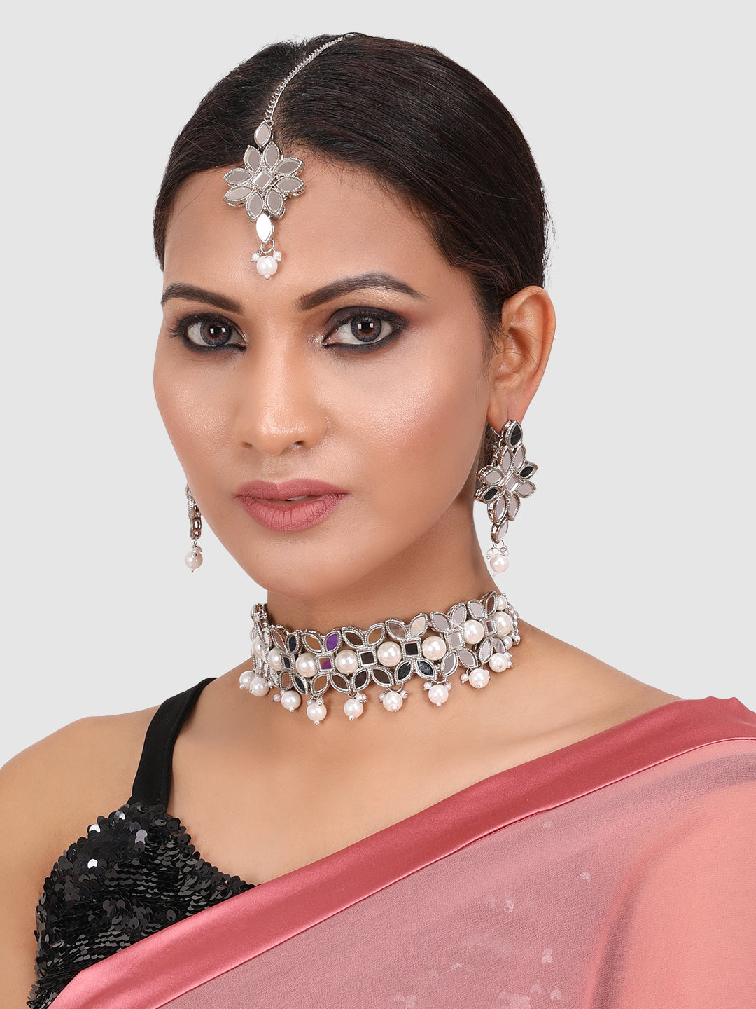 Silver-Toned White Stone Studded & Beaded Choker Jewellery Set