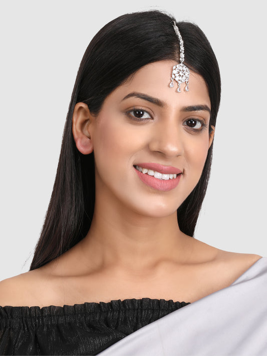Silver-Plated White AD-Studded Handcrafted Maang Tikka