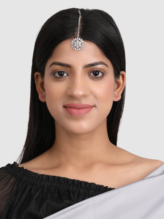 Silver-Plated & White AD-Studded Maang Tikka