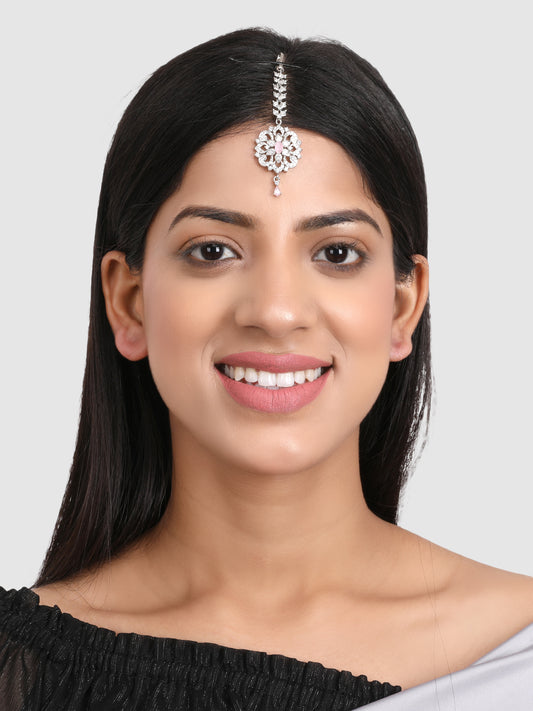 Silver-Plated White & Pink AD-Studded Maangtikka