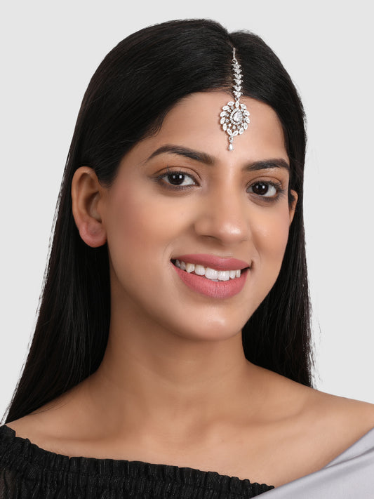 Silver-Plated American Diamond Studded Circular Shape Maangtika