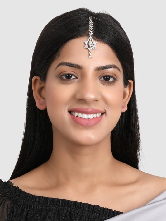 Sliver-Plated AD-Stone Studded Floral Shape Maangtika